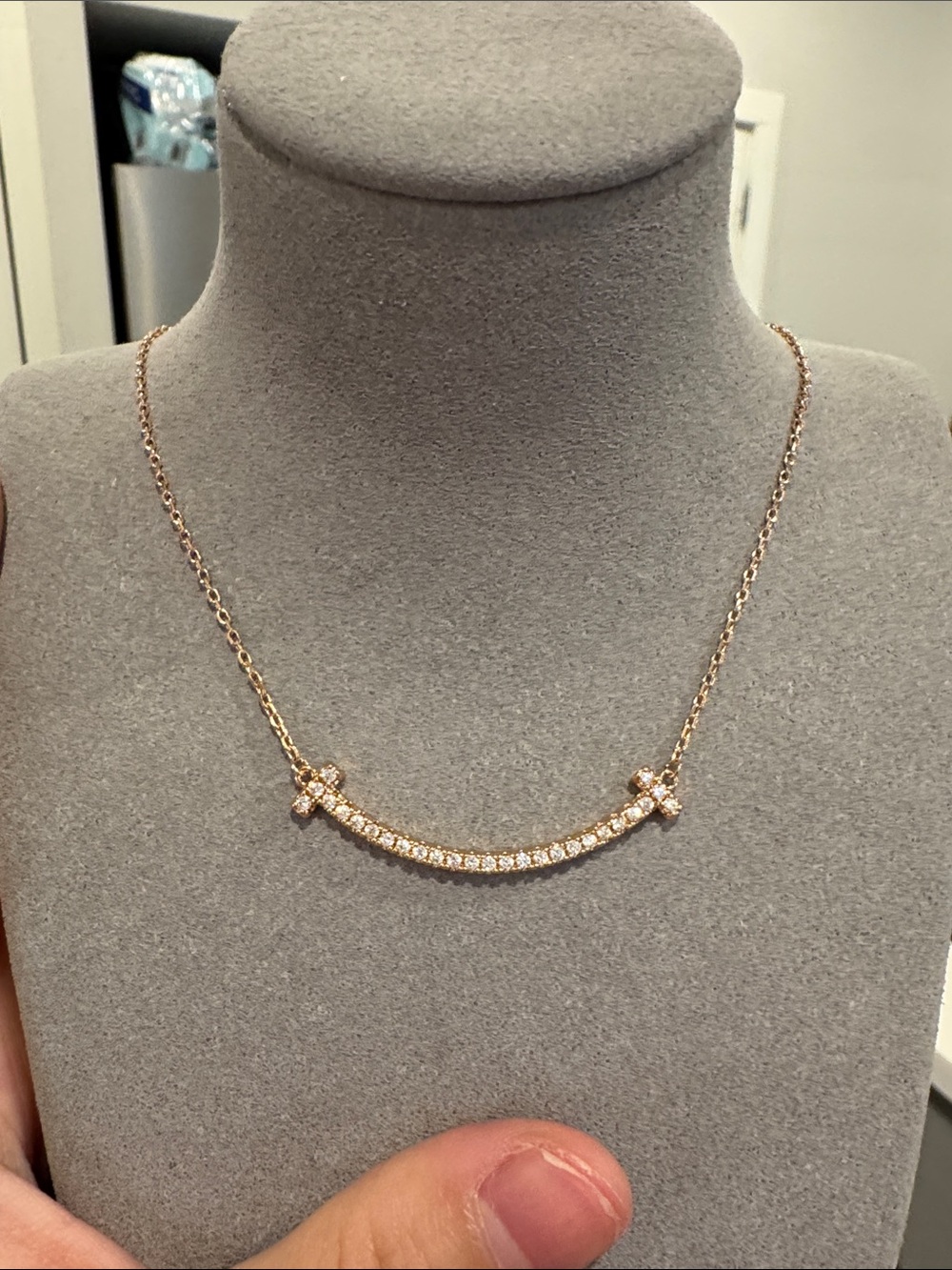 T Style Rose Gold Smile Bar Necklace with Sparkling Stones